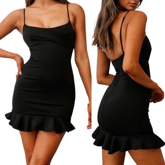 Selfie Leslie Dresses & Skirts - Selfie Leslie Aces Cami Strap Ruffle Hem Bodycon Mini Dress in Black Size XS